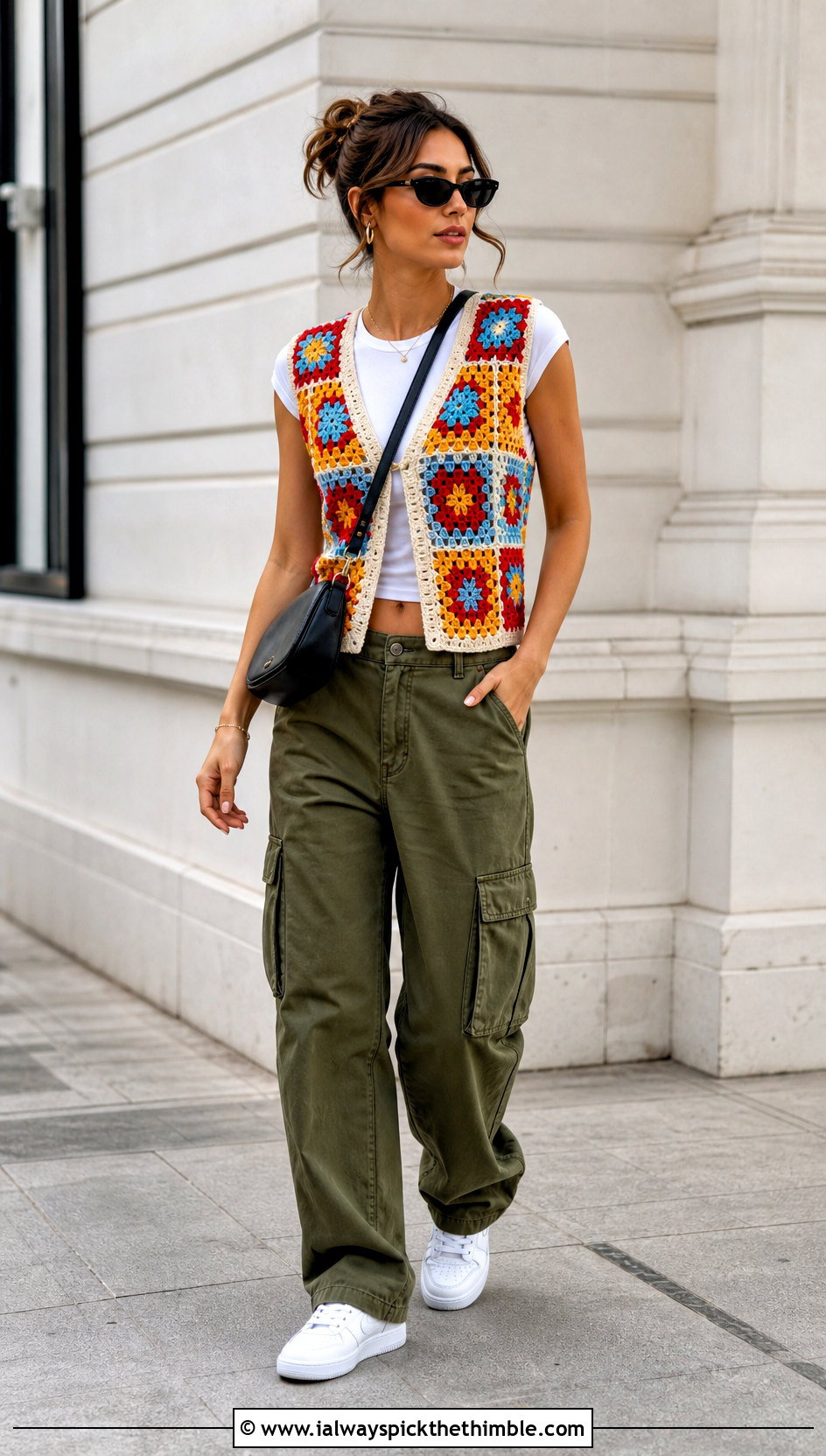 Granny Square Crochet Vest With T Shirt And Cargo Pants - 25 beginner crochet clothes and outfit ideas