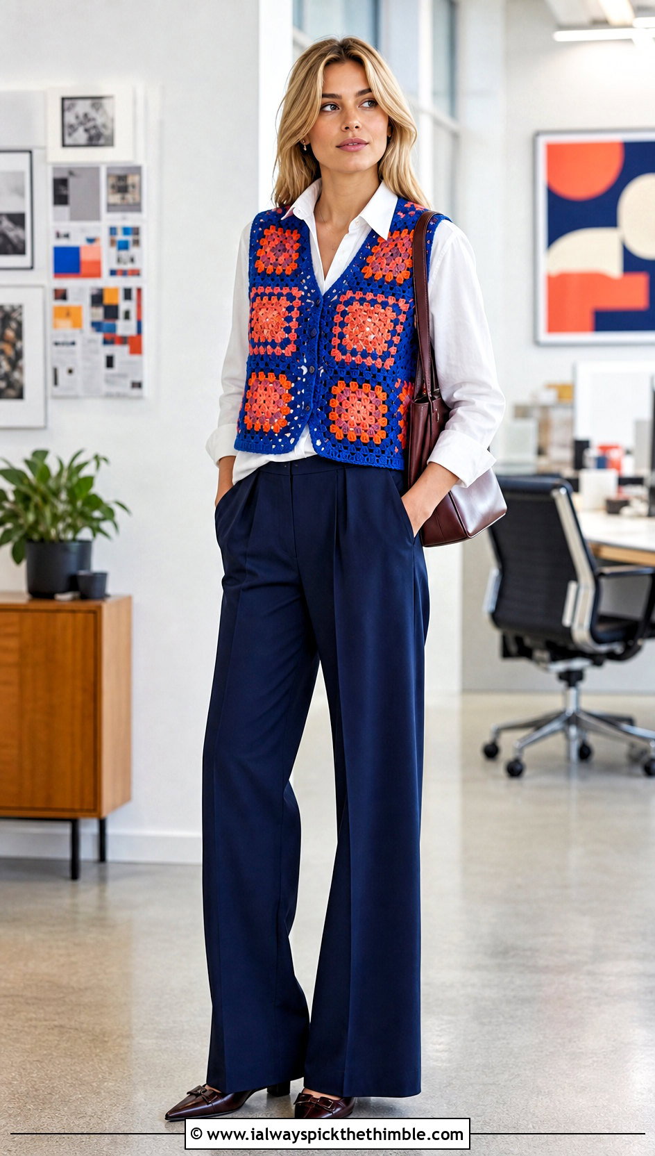 Granny Square Crochet Vest With Tailored Trousers - 20 unique crochet clothing and outfit ideas