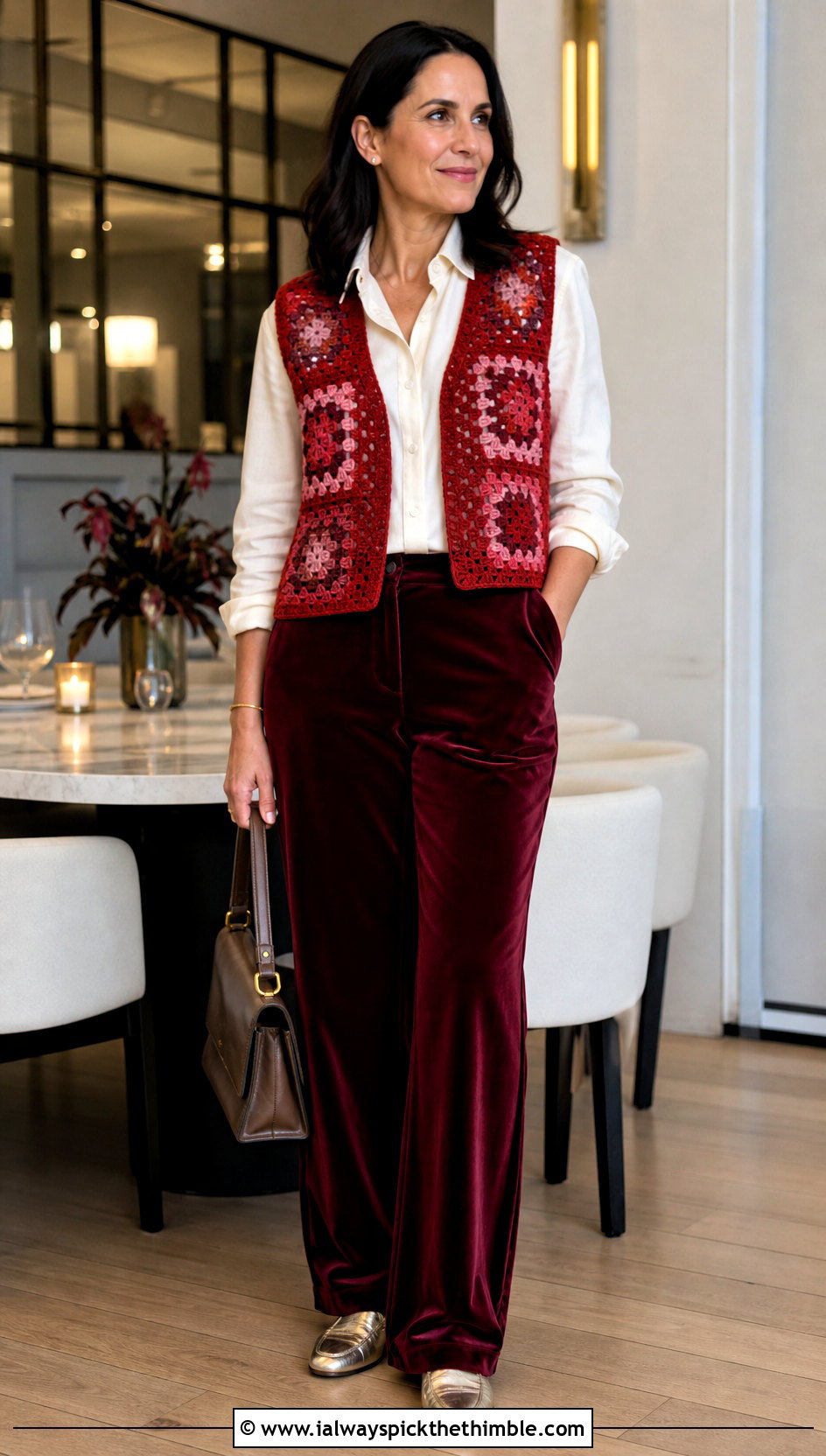 Granny Square Crochet Vest With Velvet Trousers - 15 Crochet Nye Outfit ideas
