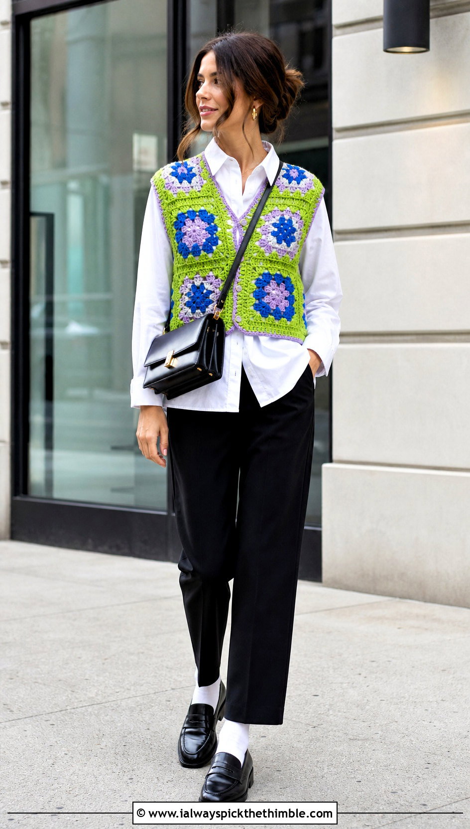 Granny Square Crochet Vest With White Shirt - 20 easy tops to crochet outfit ideas