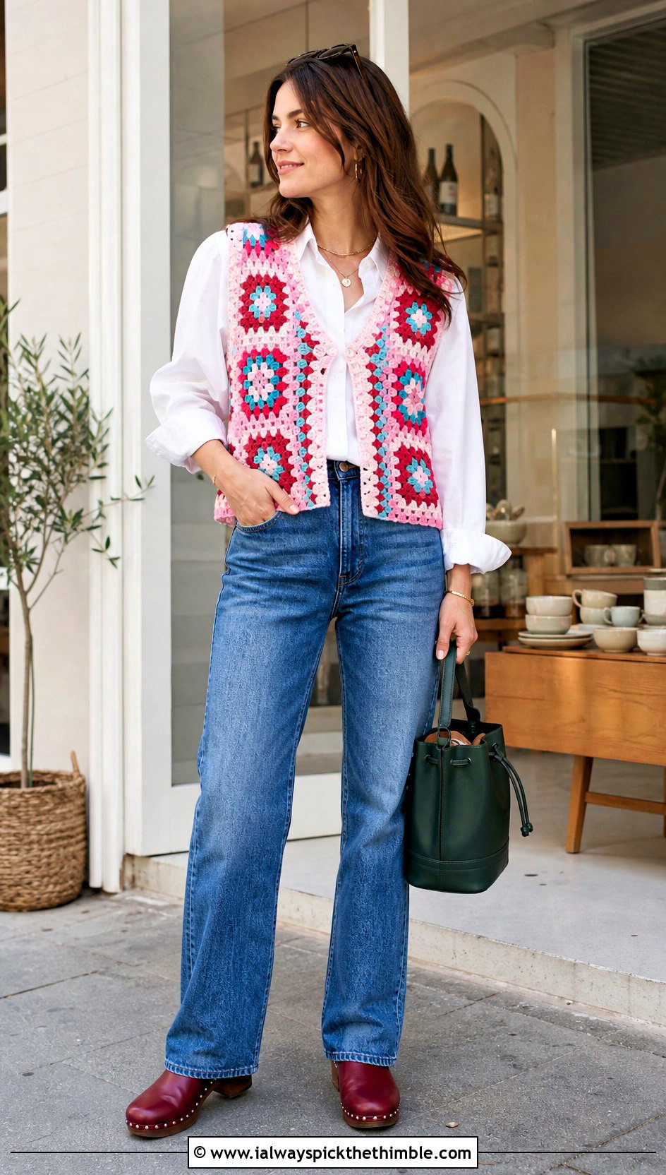 Granny Square Crochet Vest With White Shirt And Jeans - 20 vintage crochet top outfit ideas