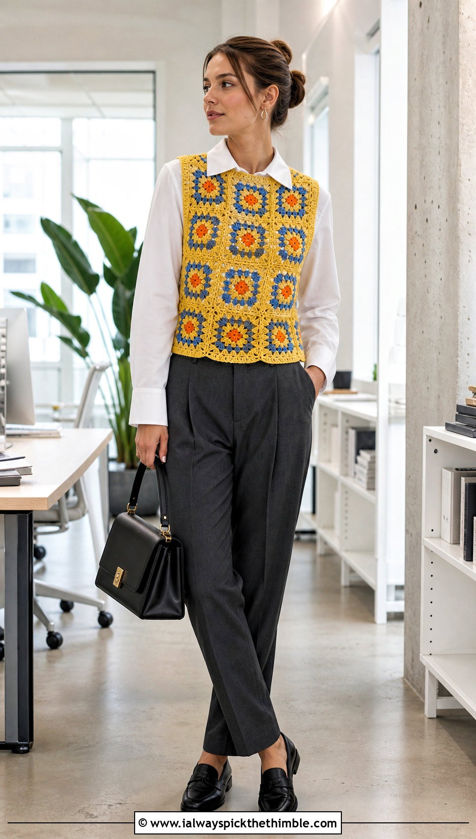 Granny Square Crochet Vest With White Shirt And Trousers - 25 crochet projects clothes and outfit ideas