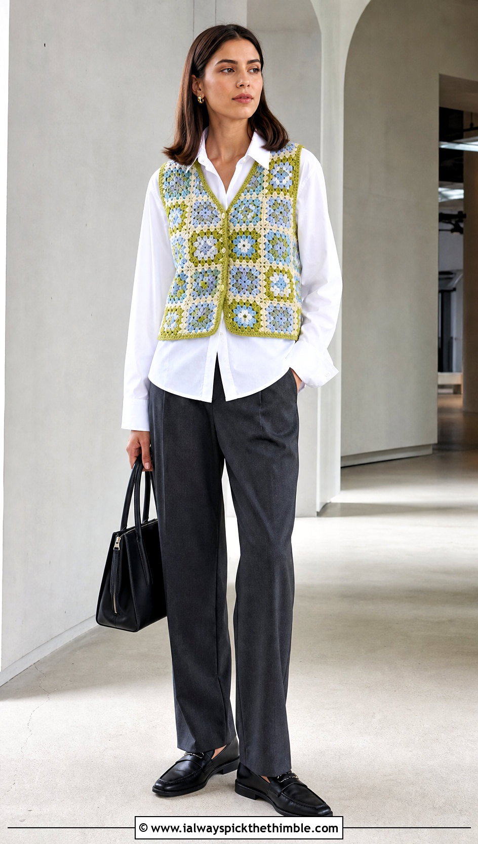 Granny Square Crochet Vest With White Shirt And Trousers - 25 crochet vest ideas
