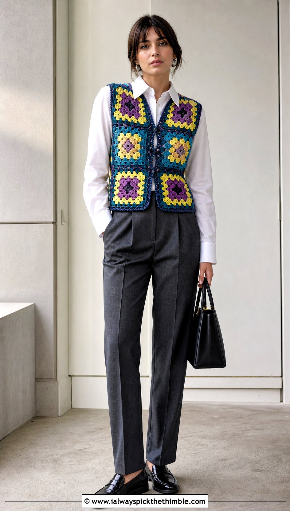 Granny Square Crochet Vest With White Shirt And Trousers - 25 crochet vest woman outfit ideas
