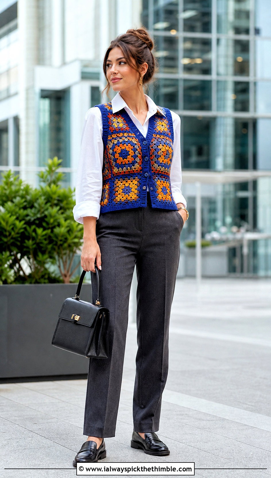 Granny Square Crochet Vest With White Shirt And Trousers - 25 crochet vests outfit ideas