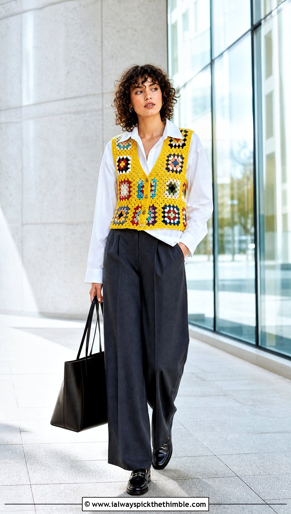 Granny Square Crochet Vest With White Shirt And Trousers - 20 crochet clothing for beginners outfit ideas