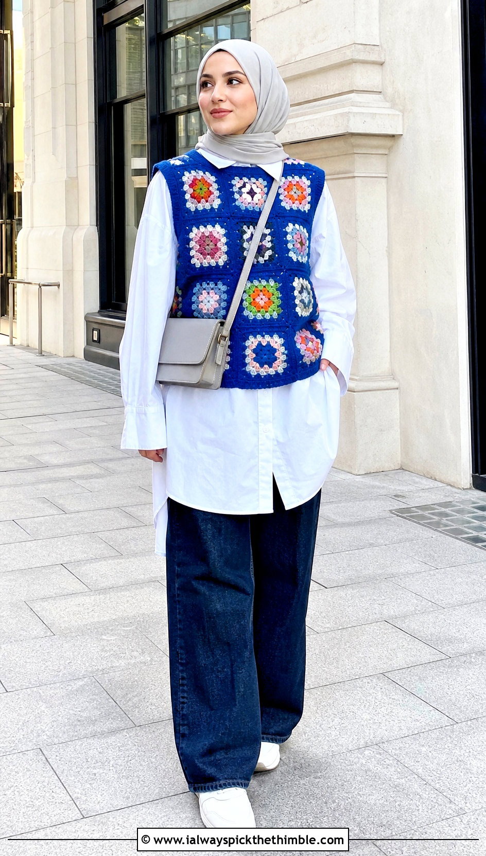 Granny Square Crochet Vest With White Shirt And Wide Leg Jeans - 20 crochet top hijabi outfit ideas