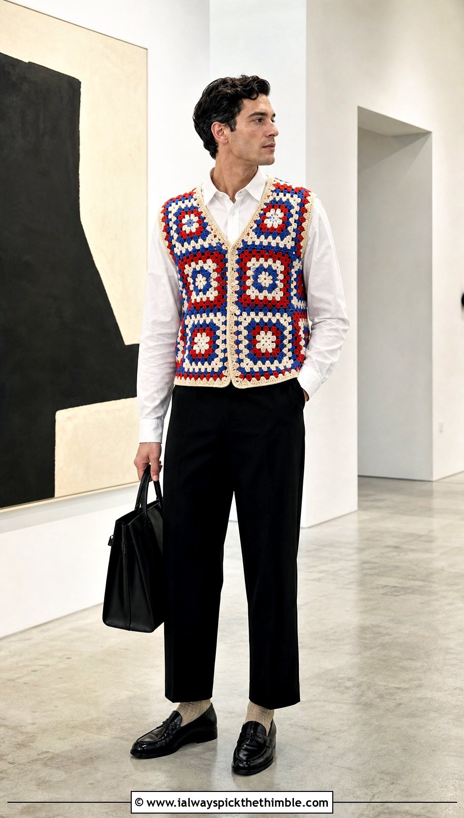 Granny Square Crochet Vest With White Shirt - 15 crochet tops for men outfit ideas