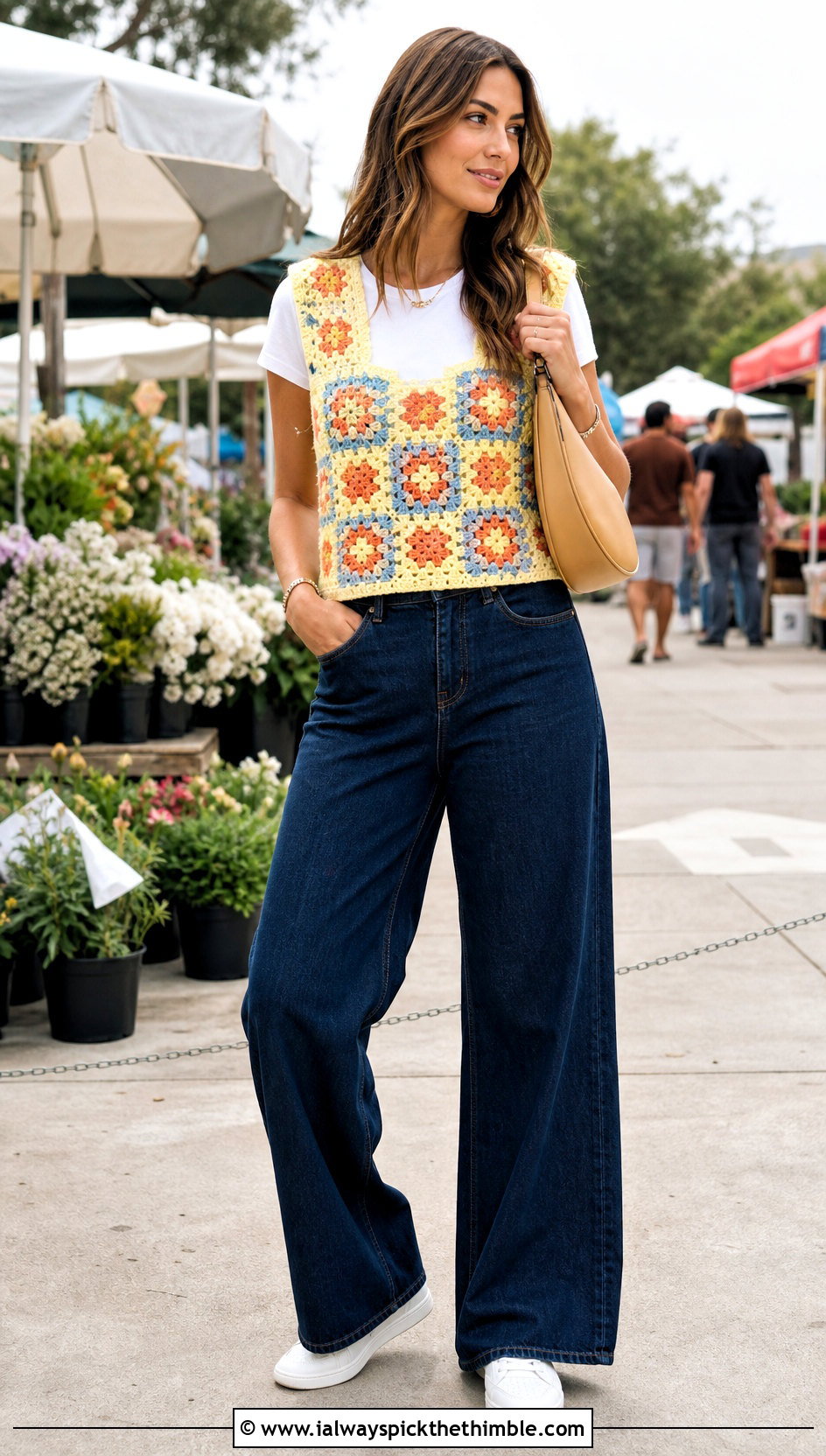 Granny Square Crochet Vest With Wide Leg Jeans - 15 summer crochet outfits ideas
