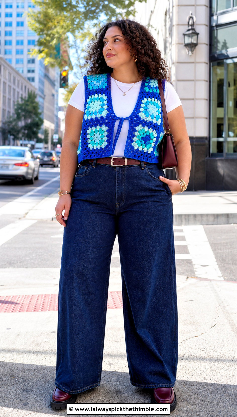 Granny Square Crochet Vest With Wide Leg Jeans - 20 vintage crochet clothes and outfit ideas