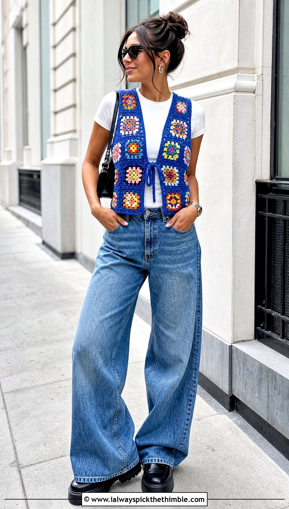 Granny Square Crochet Vest With Wide Leg Jeans - 20 vintage crochet tops outfit ideas