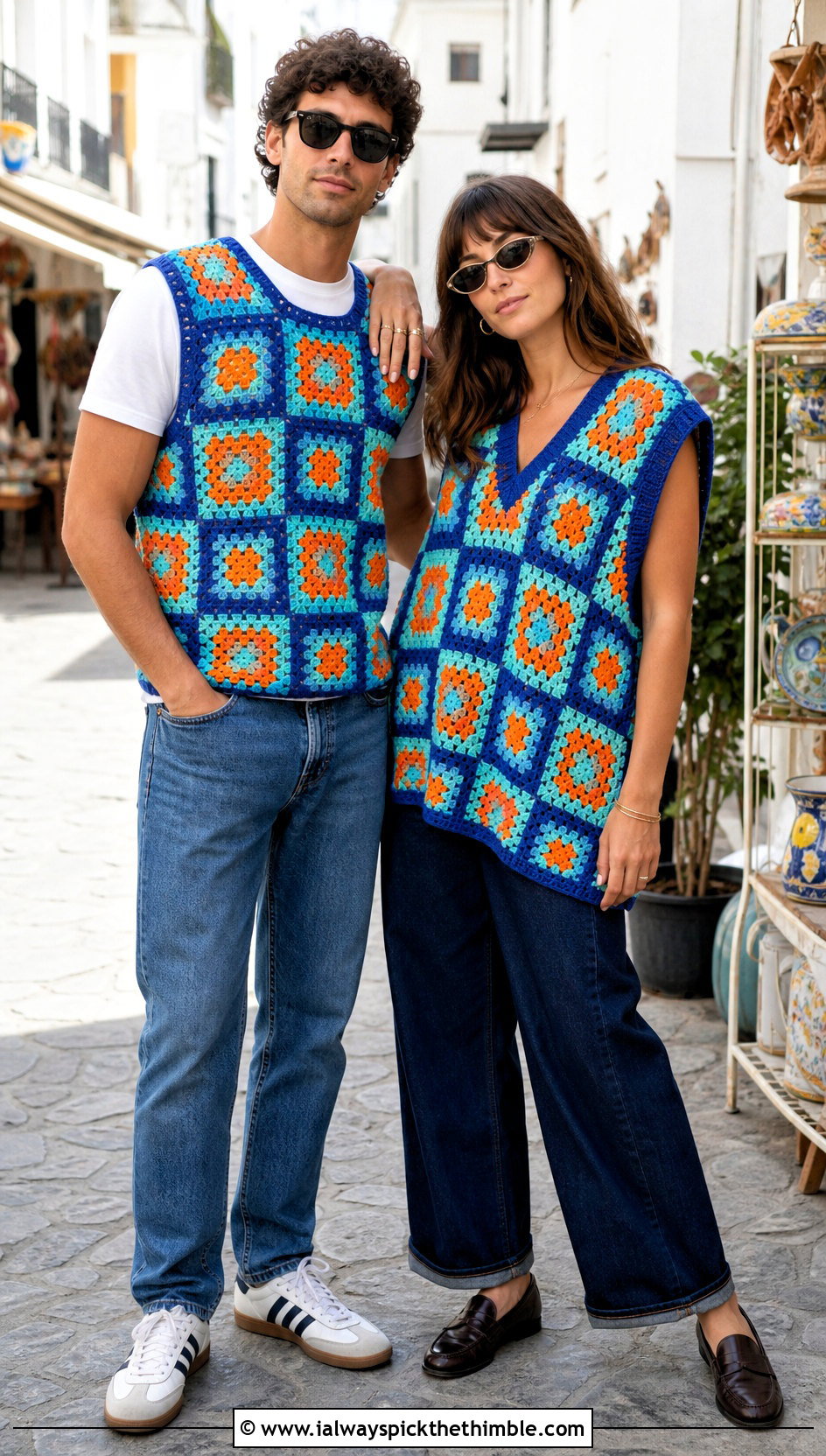 Granny Square Crochet Vests With Straight Leg Jeans - 20 couples crochet outfit ideas