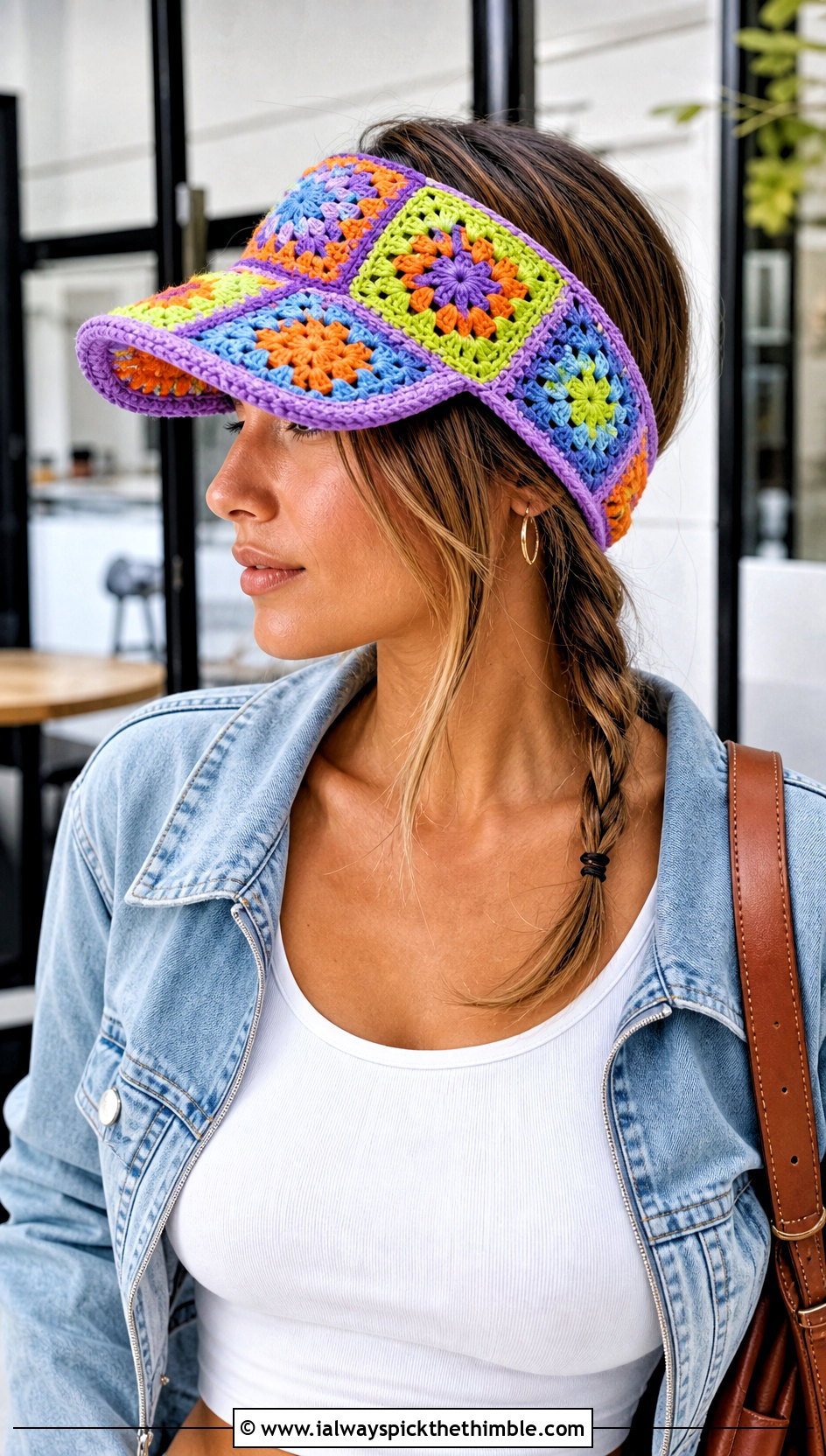 Granny Square Crochet Visor With Denim Jacket And Jeans - 20 crochet visor hat outfit ideas