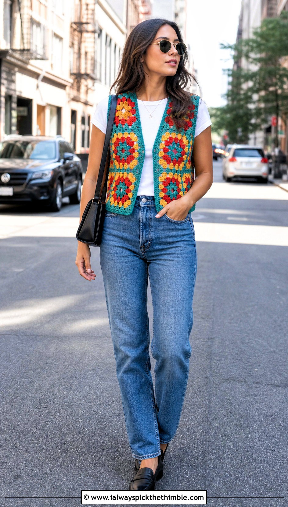 Granny Square Crochet Waistcoat With Straight Leg Jeans - 20 ladies crochet waistcoat outfit ideas