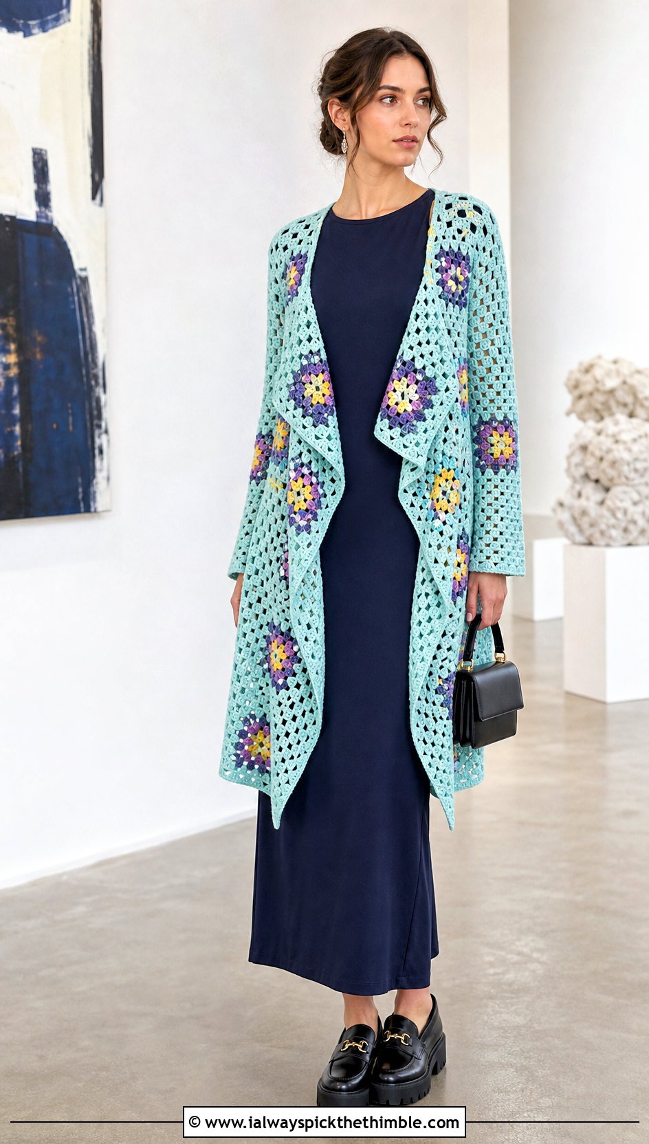Granny Square Crochet Waterfall Cardigan With Column Dress - 20 crochet waterfall cardigan outfit ideas