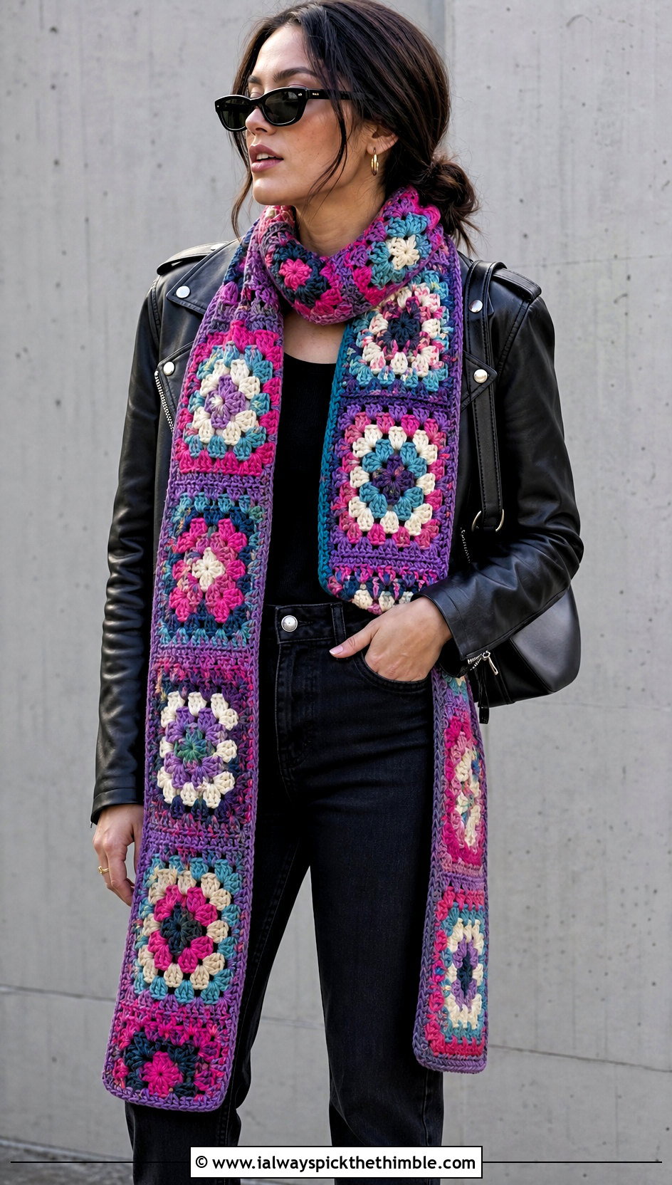 Granny Square Crochet Wide Scarf With Leather Jacket - 20 Crochet Wide Scarf outfit ideas