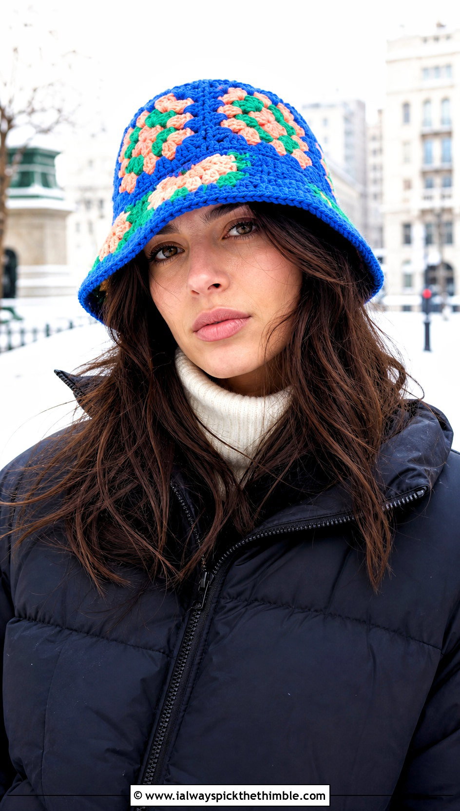 Granny Square Crochet Winter Bucket Hat With Puffer Jacket - 25 crochet winter bucket hat outfit ideas