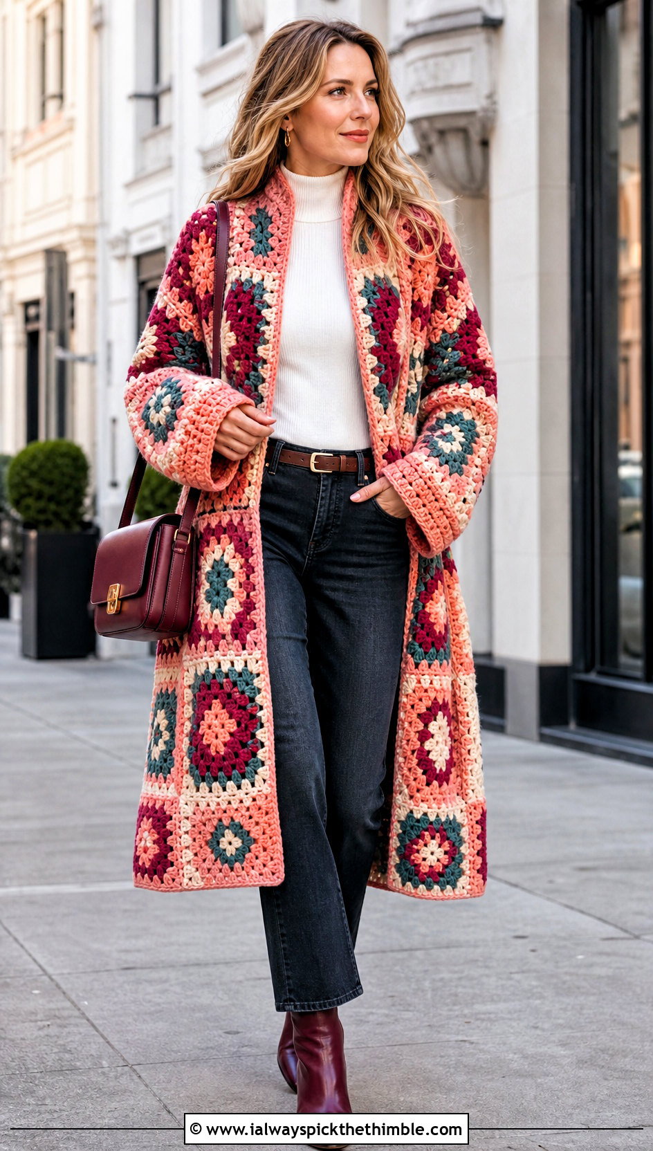 Granny Square Crochet Winter Coat With Straight Leg Jeans - 20 Crochet Winter Coat outfit ideas
