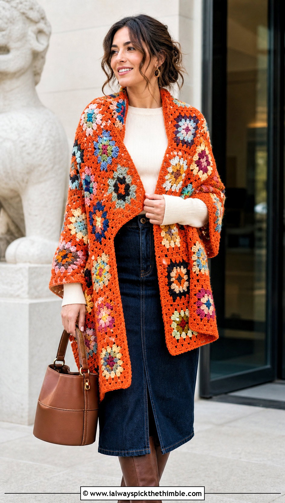 Granny Square Crochet Winter Shawl With Denim Midi Skirt - 15 Crochet Winter Shawl outfit ideas