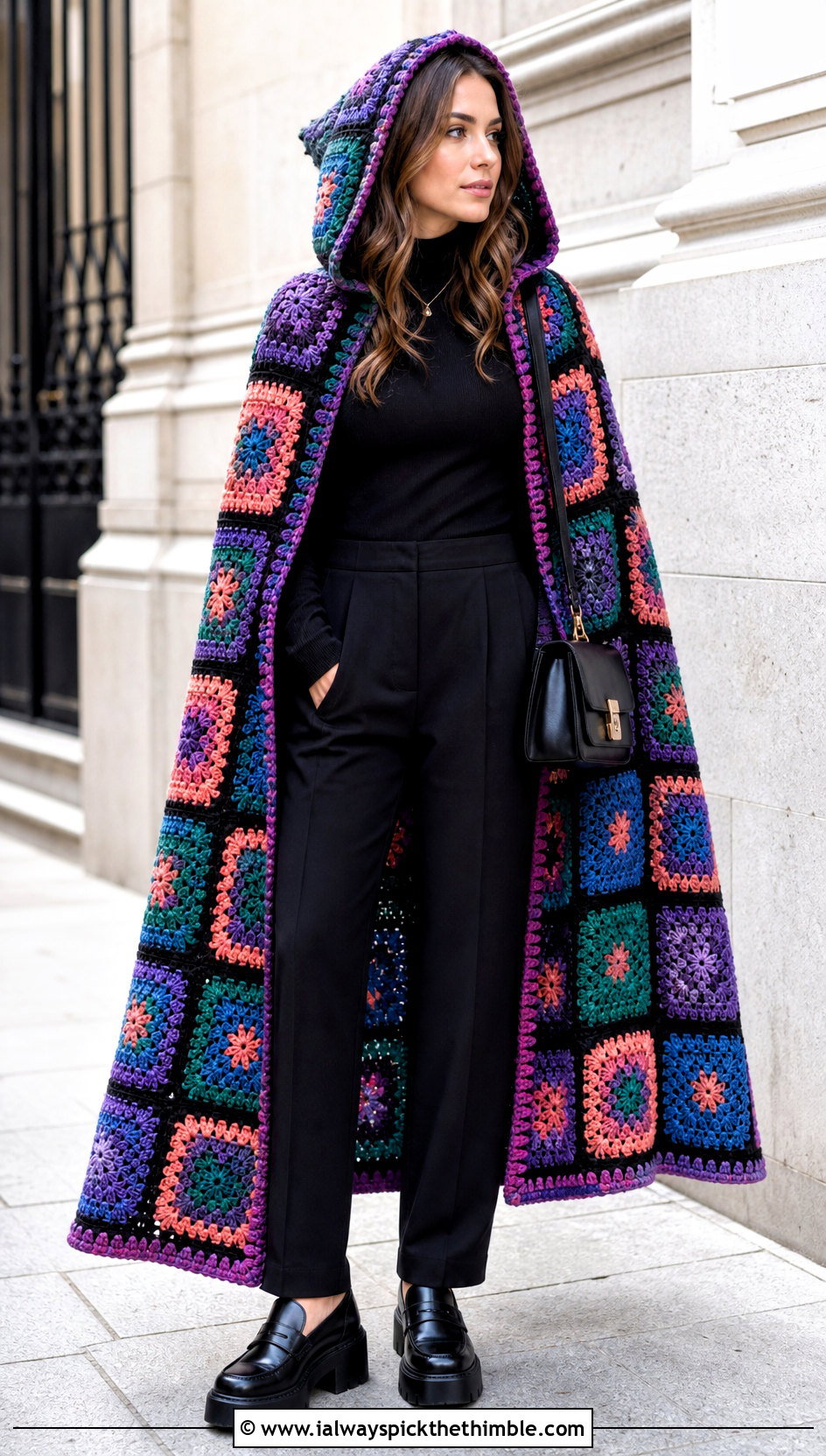 Granny Square Crochet Witch Cape With Tailored Trousers - 20 crochet witch costume outfit ideas