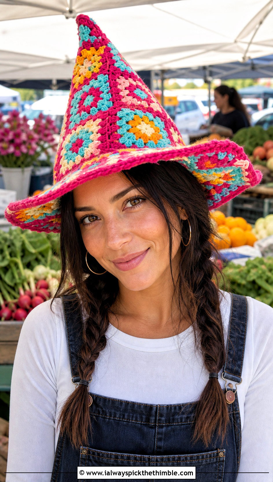 Granny Square Crochet Witch Hat With Overalls - 15 Witch's Crochet Hat outfit ideas