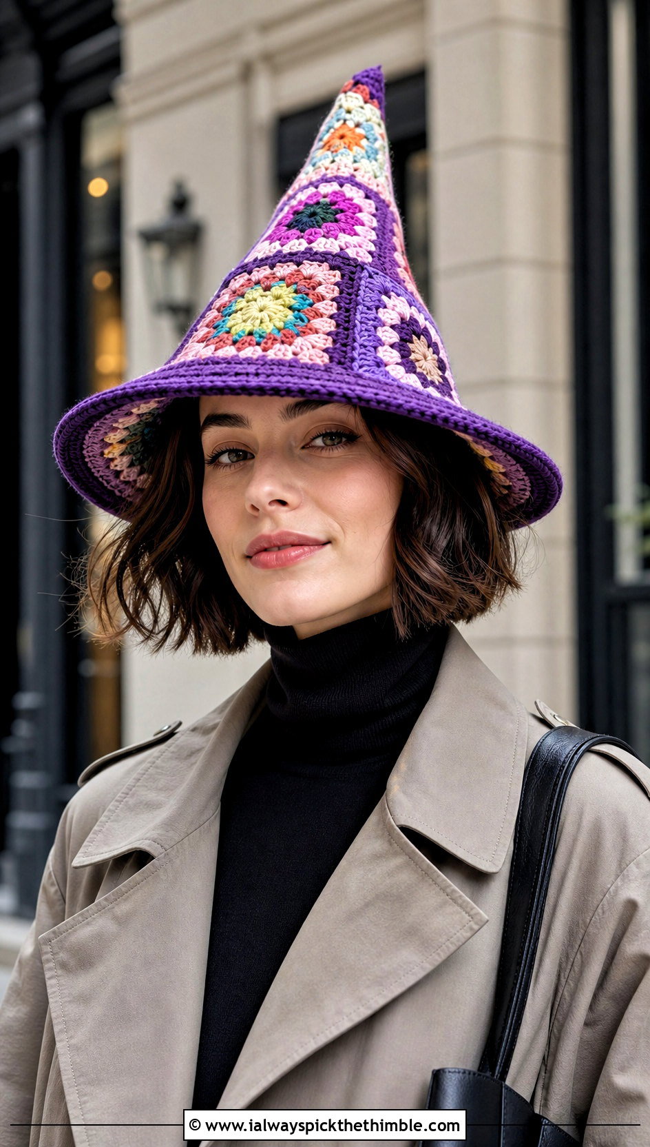 Granny Square Crochet Witch Hat With Trench Coat - 25 crochet witches hat outfit ideas