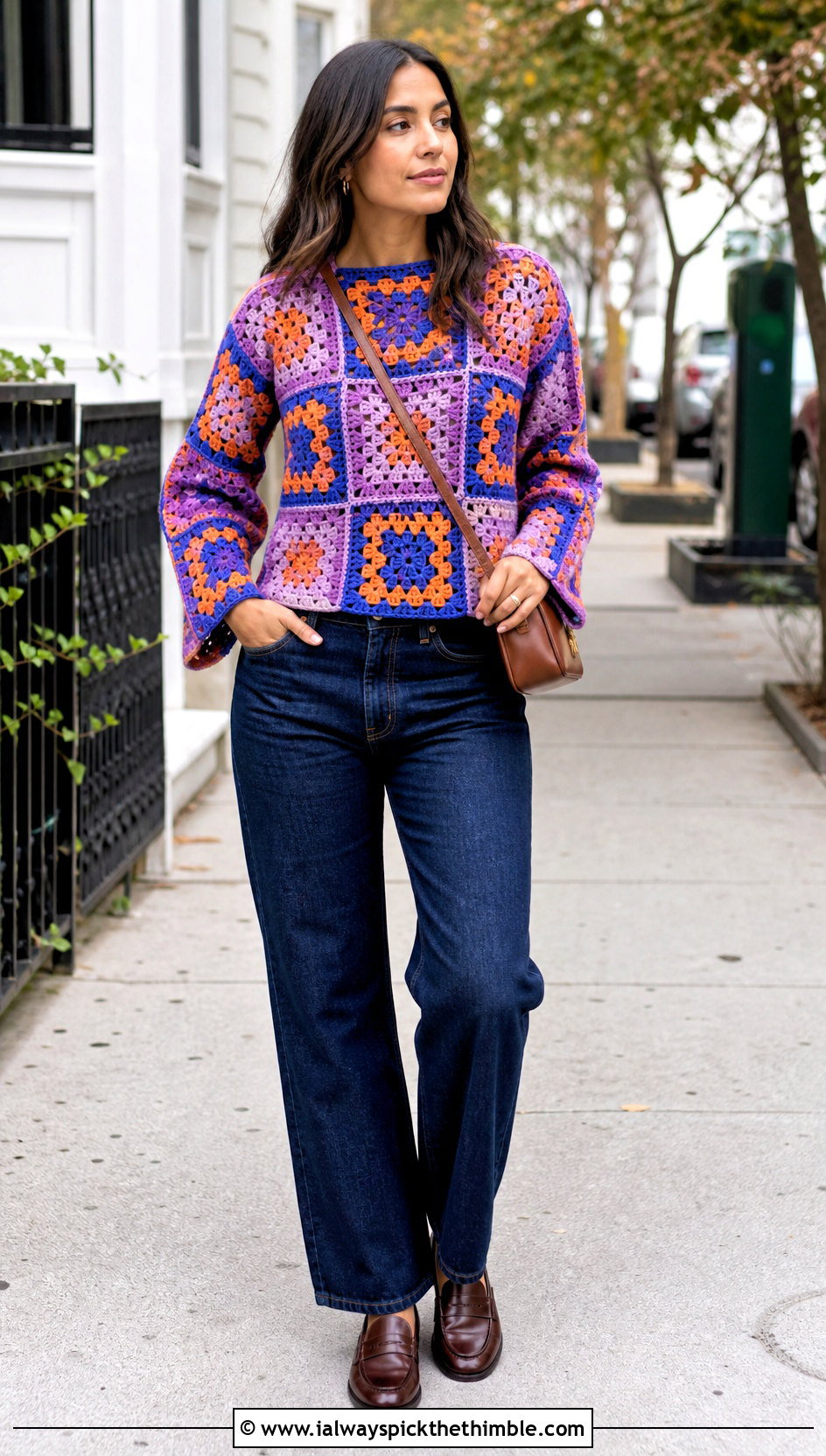 Granny Square Crochet Wool Top With Straight Jeans - 25 crochet wool top outfit ideas