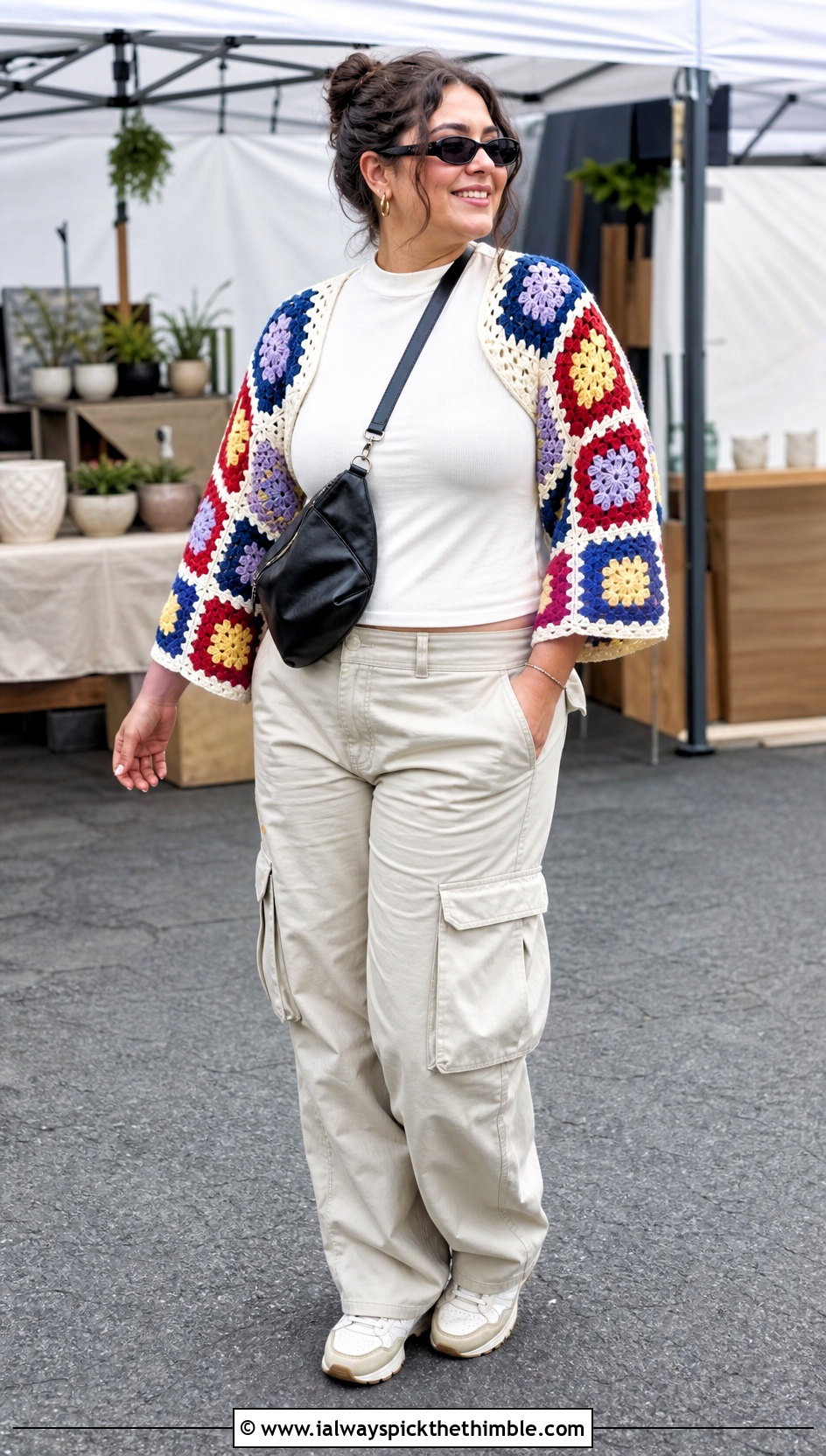 Granny Square Crochet Wrap Around Shrug With Cargo Pants - 20 Crochet Wrap Around Shrug outfit ideas