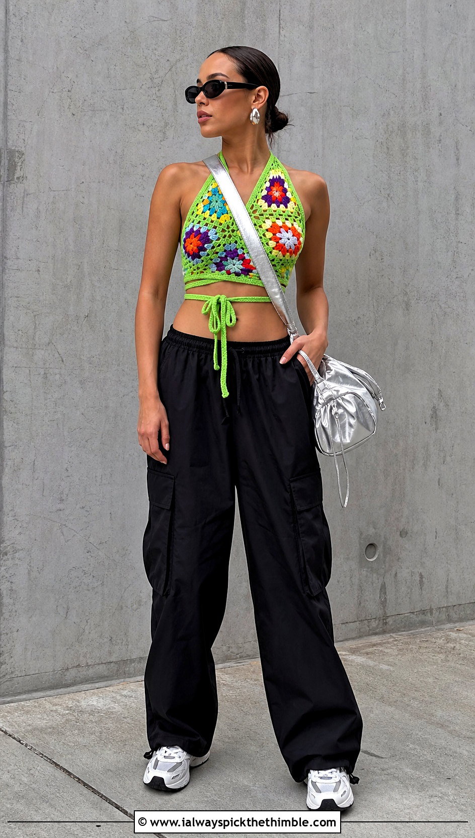 Granny Square Crochet Wrap Crop Top With Cargo Pants - 15 crochet wrap crop top outfit ideas