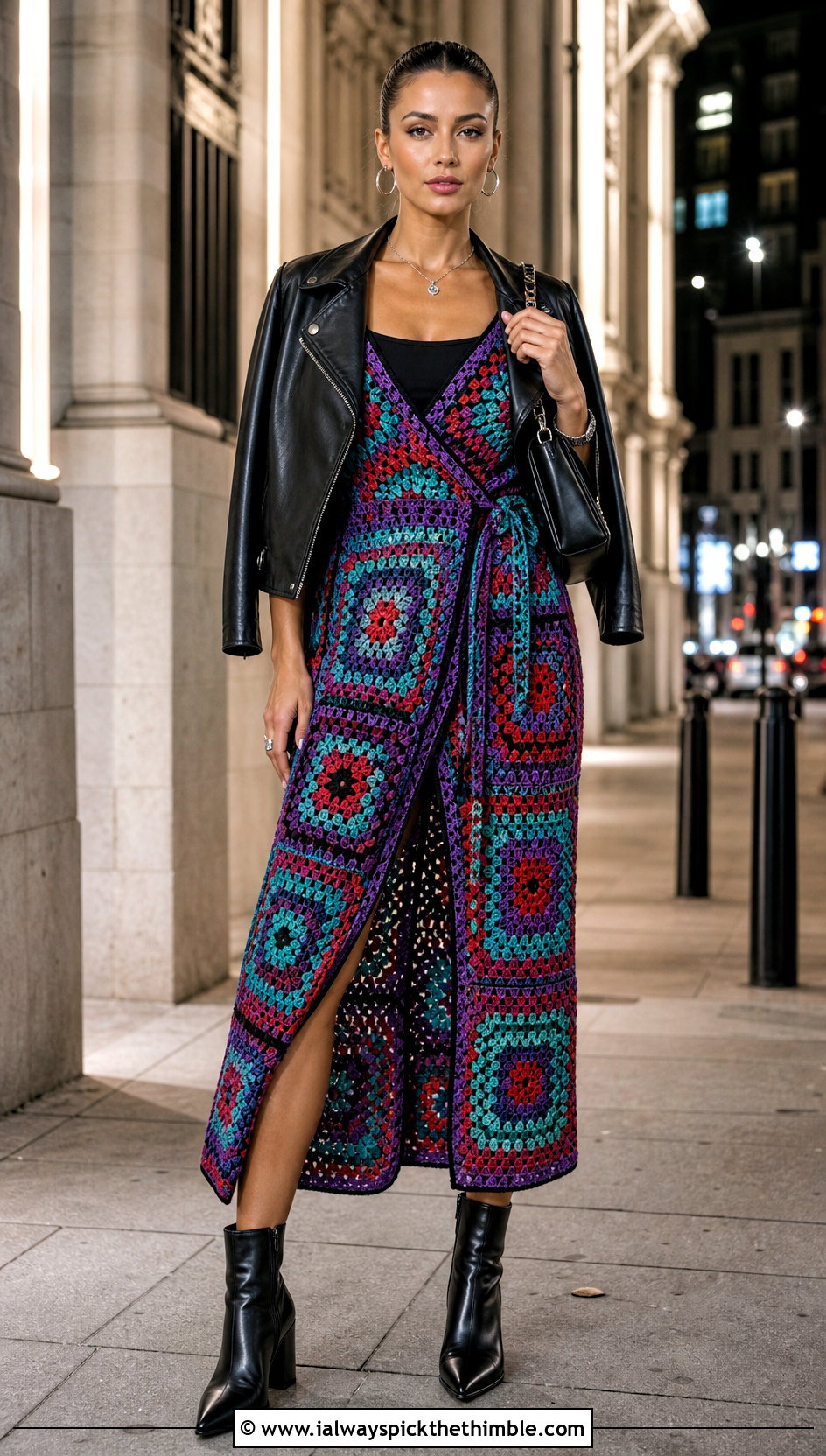 Granny Square Crochet Wrap Dress With Leather Jacket - 25 crochet wrap dress outfit ideas