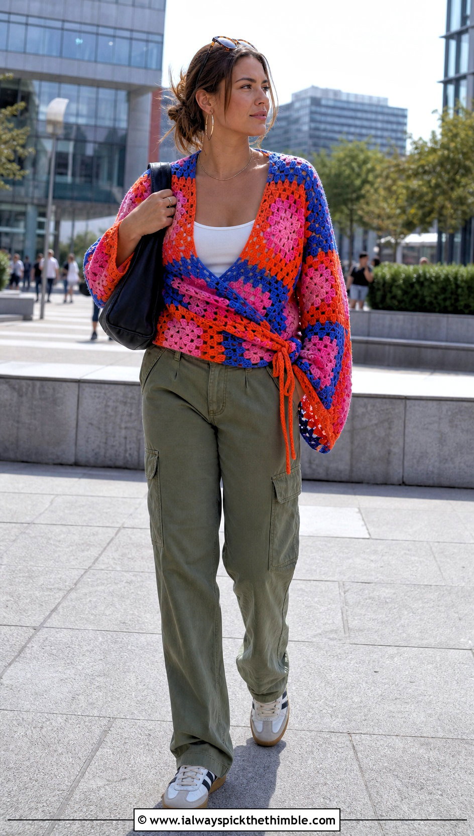 Granny Square Crochet Wrap Sweater With Cargo Pants - 25 crochet wrap sweater outfit ideas