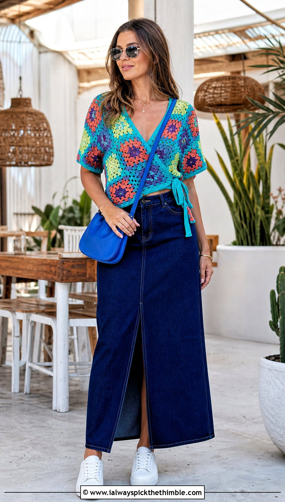 Granny Square Crochet Wrap Top With Denim Maxi Skirt - 20 crochet wrap around top outfit ideas