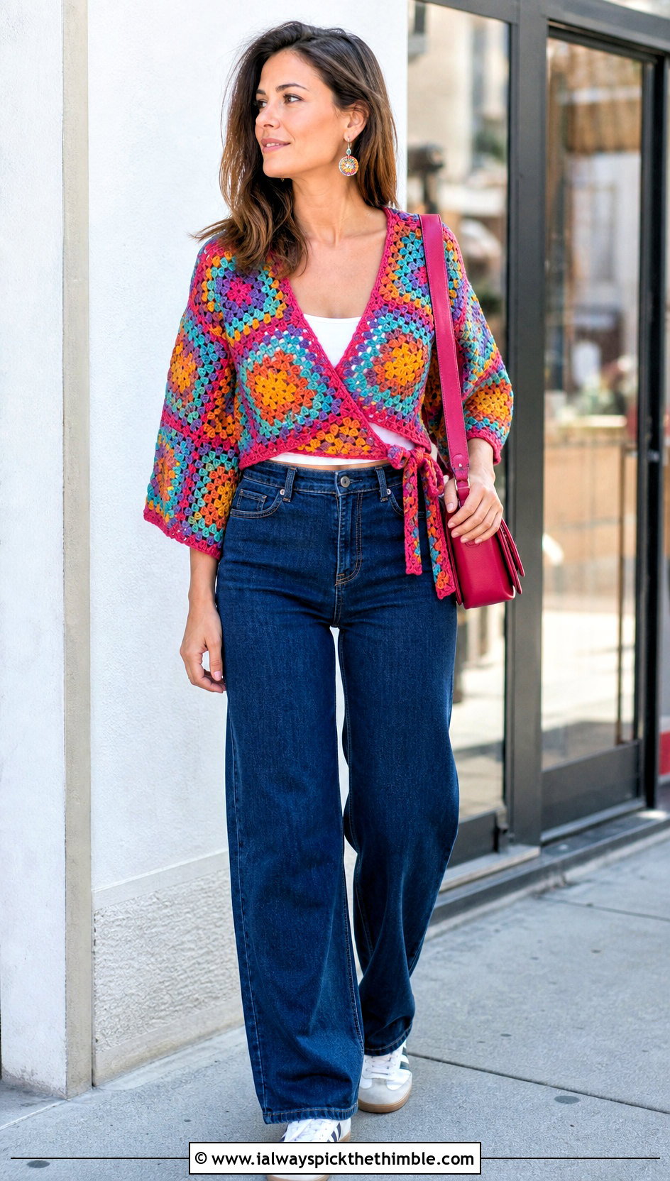 Granny Square Crochet Wrap Top With Straight Leg Jeans - 25 crochet wrap top outfit ideas
