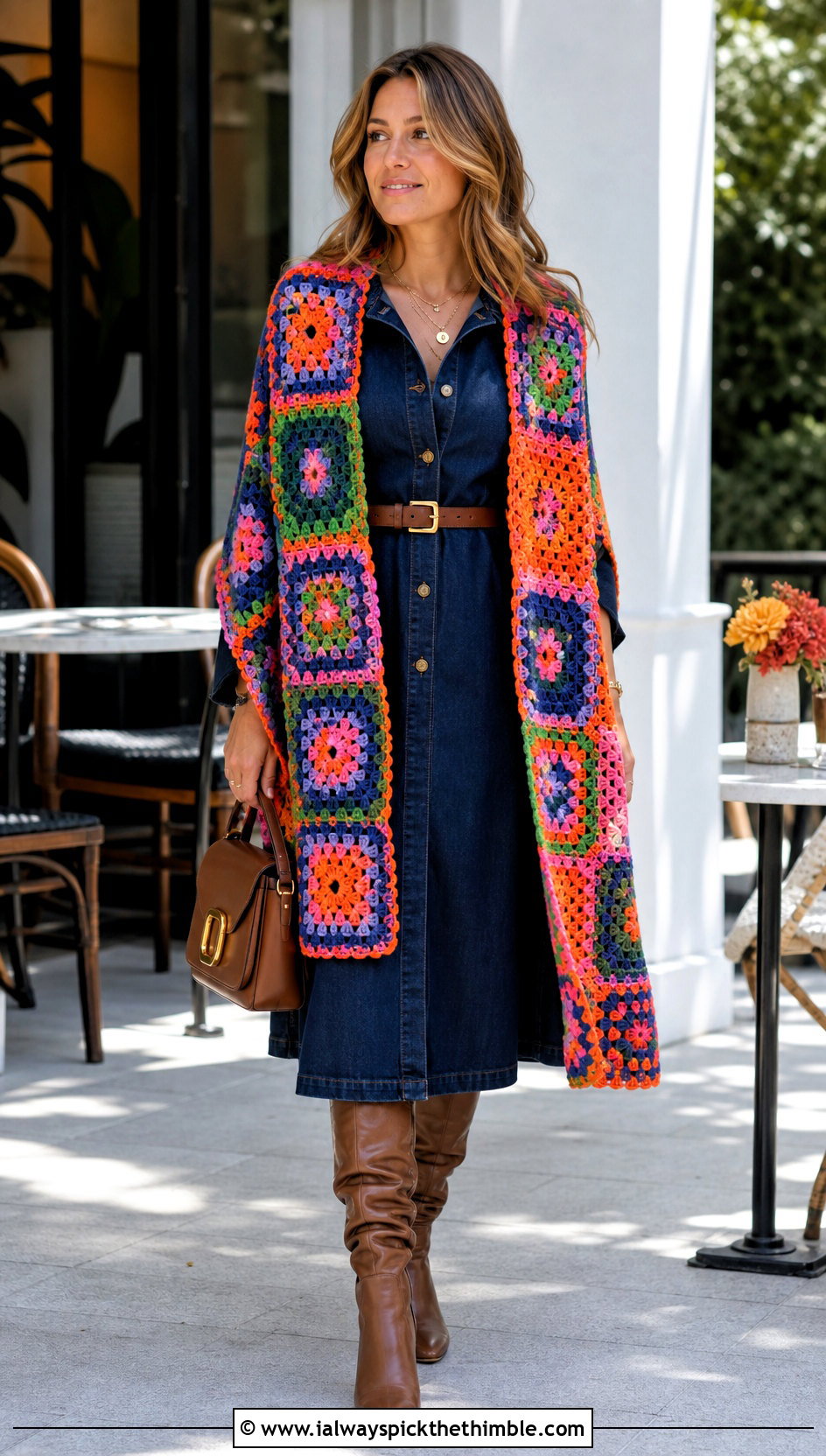 Granny Square Crochet Wrap With Denim Dress - 25 crochet shawls and wraps outfit ideas