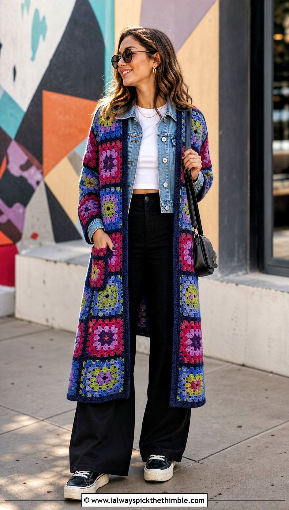 Granny Square Crochet Wrap With Denim Jacket - 25 crochet wrap with pockets outfit ideas