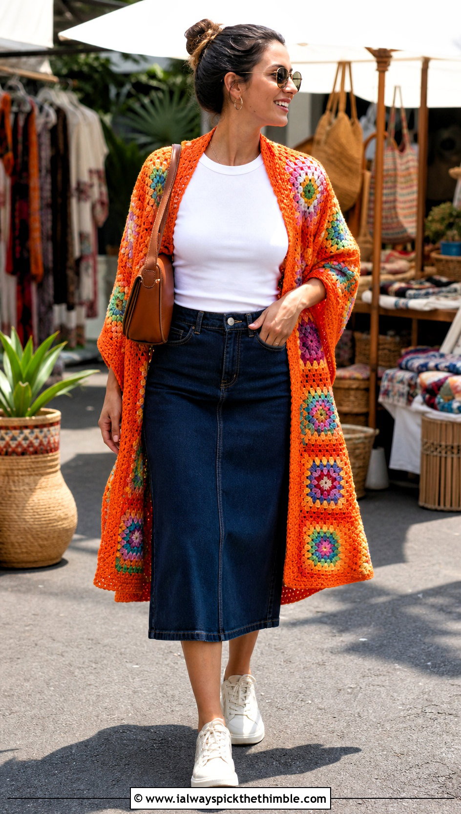Granny Square Crochet Wrap With Denim Skirt - 20 crochet summer wrap outfit ideas