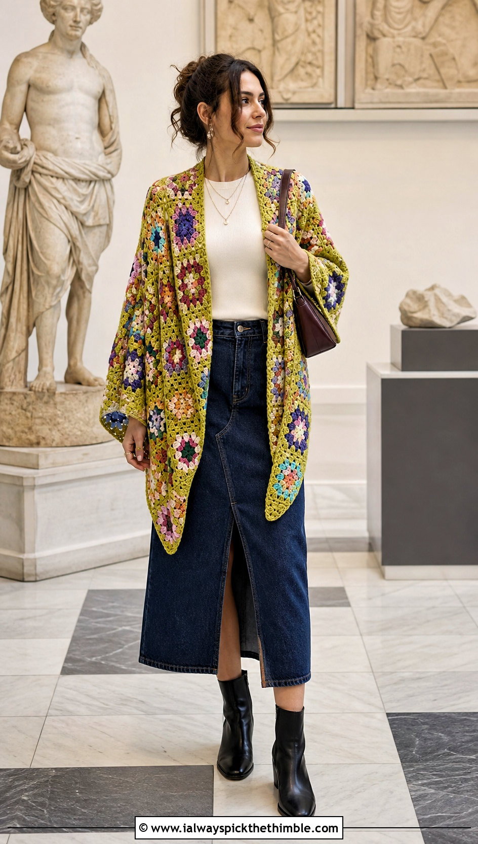 Granny Square Crochet Wrap With Denim Skirt - 15 Beginner Crochet Wrap outfit ideas
