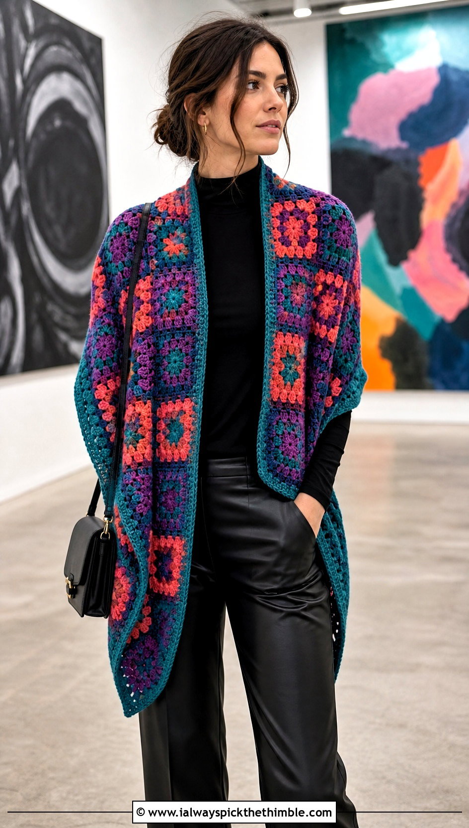 Granny Square Crochet Wrap With Leather Pants - 15 Crochet Wraps outfit ideas