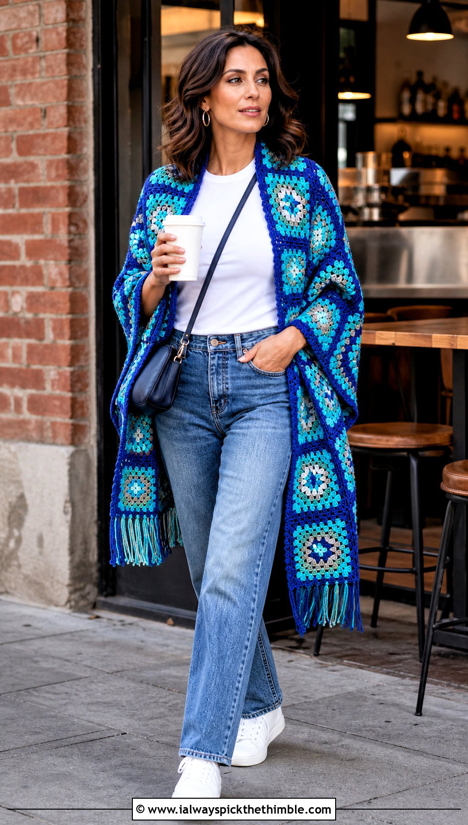 Granny Square Crochet Wrap With Straight Leg Jeans - 25 crochet wrap outfit ideas