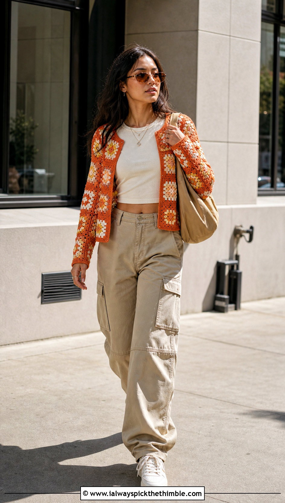 Granny Square Crochet Y2K Cardigan With Cargo Pants - 20 Crochet Y2K Cardigan outfit ideas