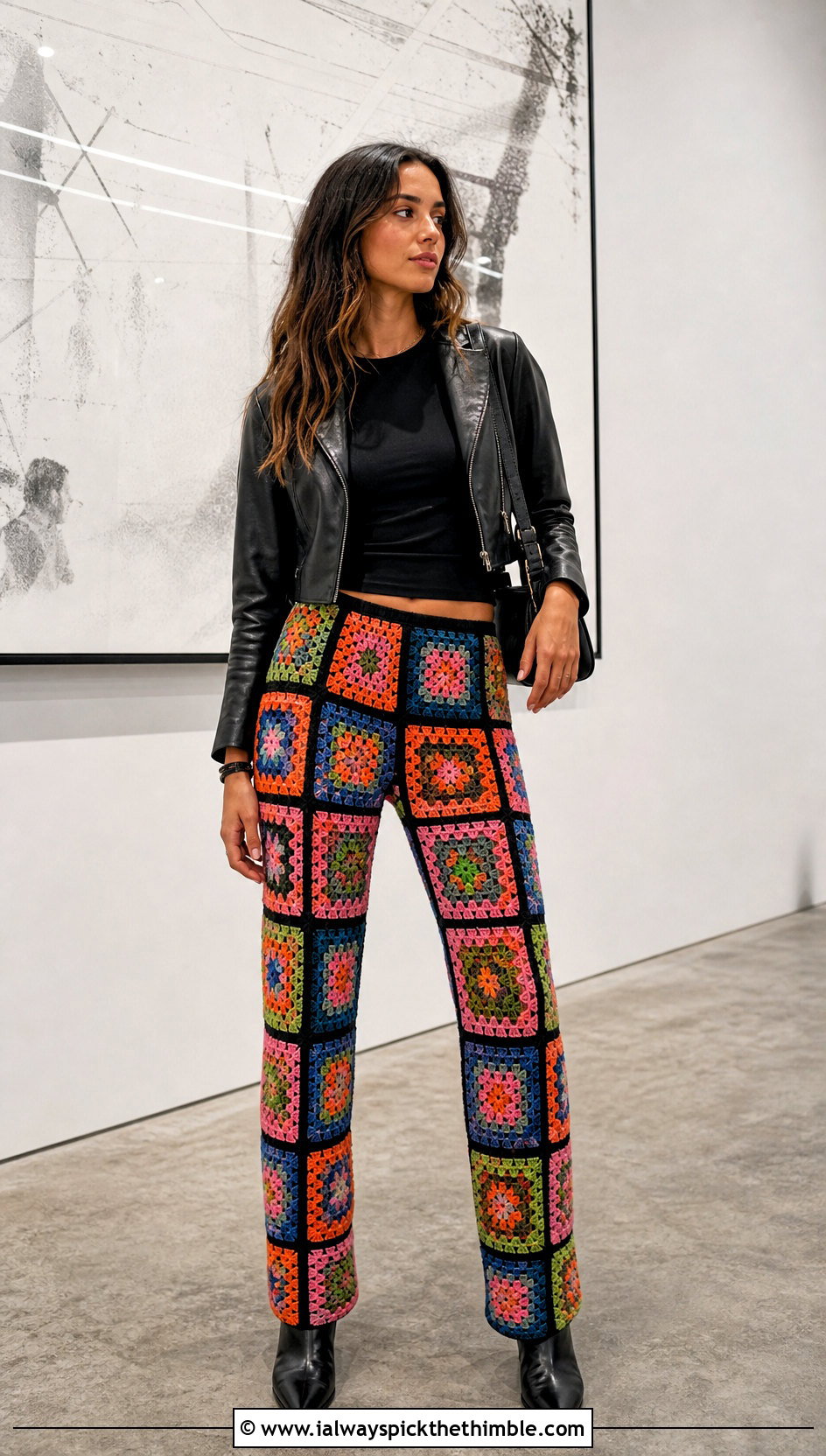 Granny Square Crochet Yoga Pants With Leather Jacket And Boots - 15 Crochet Yoga Pants outfit ideas