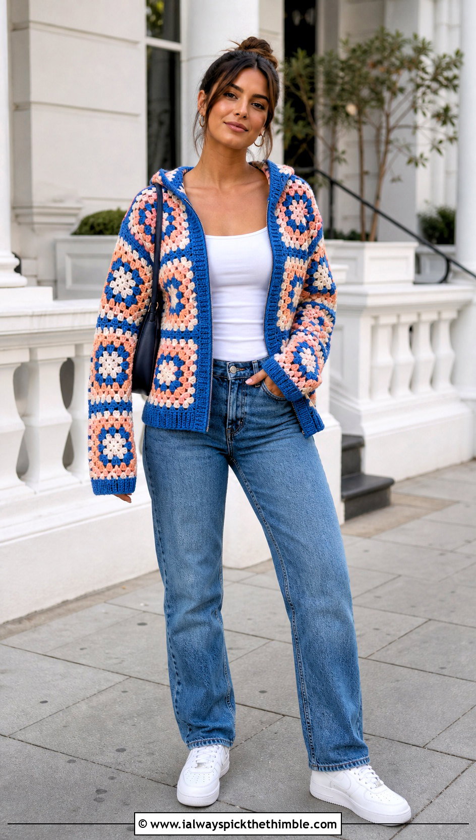 Granny Square Crochet Zip Up Hoodie With Straight Leg Jeans - 20 crochet zip up hoodie outfit ideas