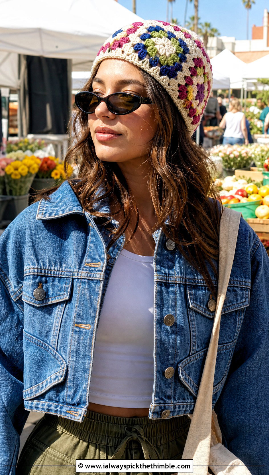 Granny Square Crocheted Beanie With Denim Jacket And Cargo Pants - 25 crocheted beanies outfit ideas