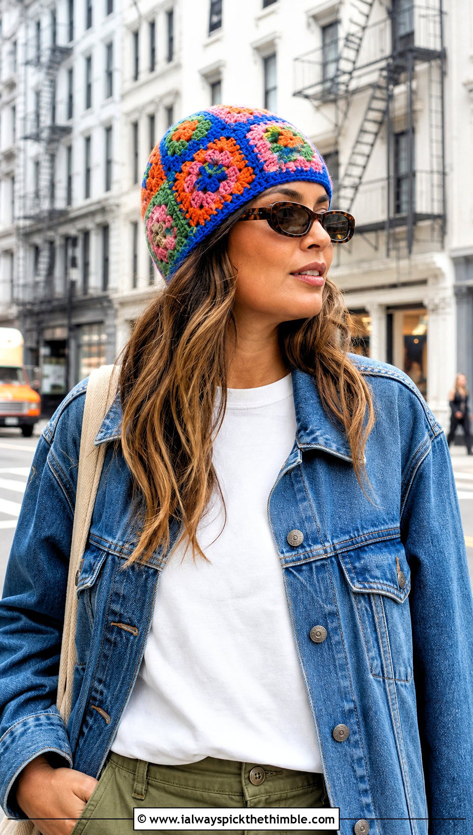 Granny Square Crocheted Beanie With Denim Jacket And Cargo Pants - 25 crocheted beanie outfit ideas