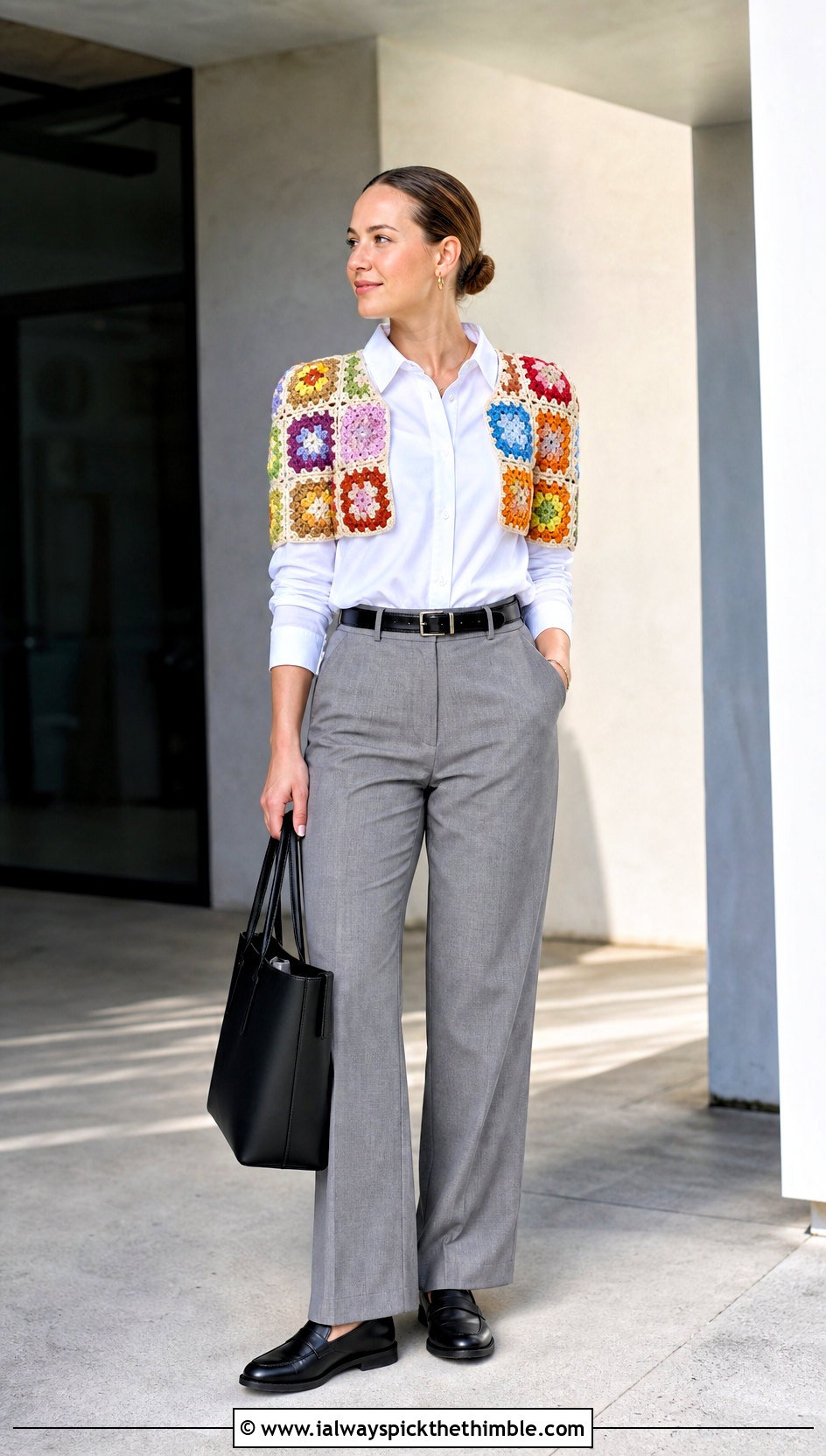 Granny Square Crocheted Bolero With White Shirt And Trousers - 25 crocheted bolero outfit ideas