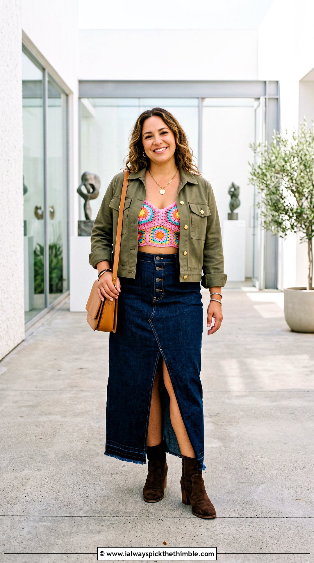 Granny Square Crocheted Bralette With Denim Maxi Skirt - 20 crocheted bralette outfit ideas