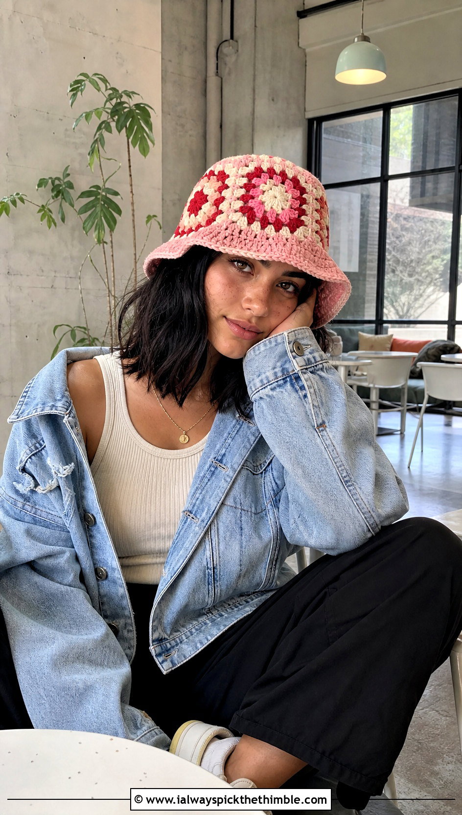 Granny Square Crocheted Bucket Hat With Denim Jacket - 25 Crocheted Bucket Hat outfit ideas