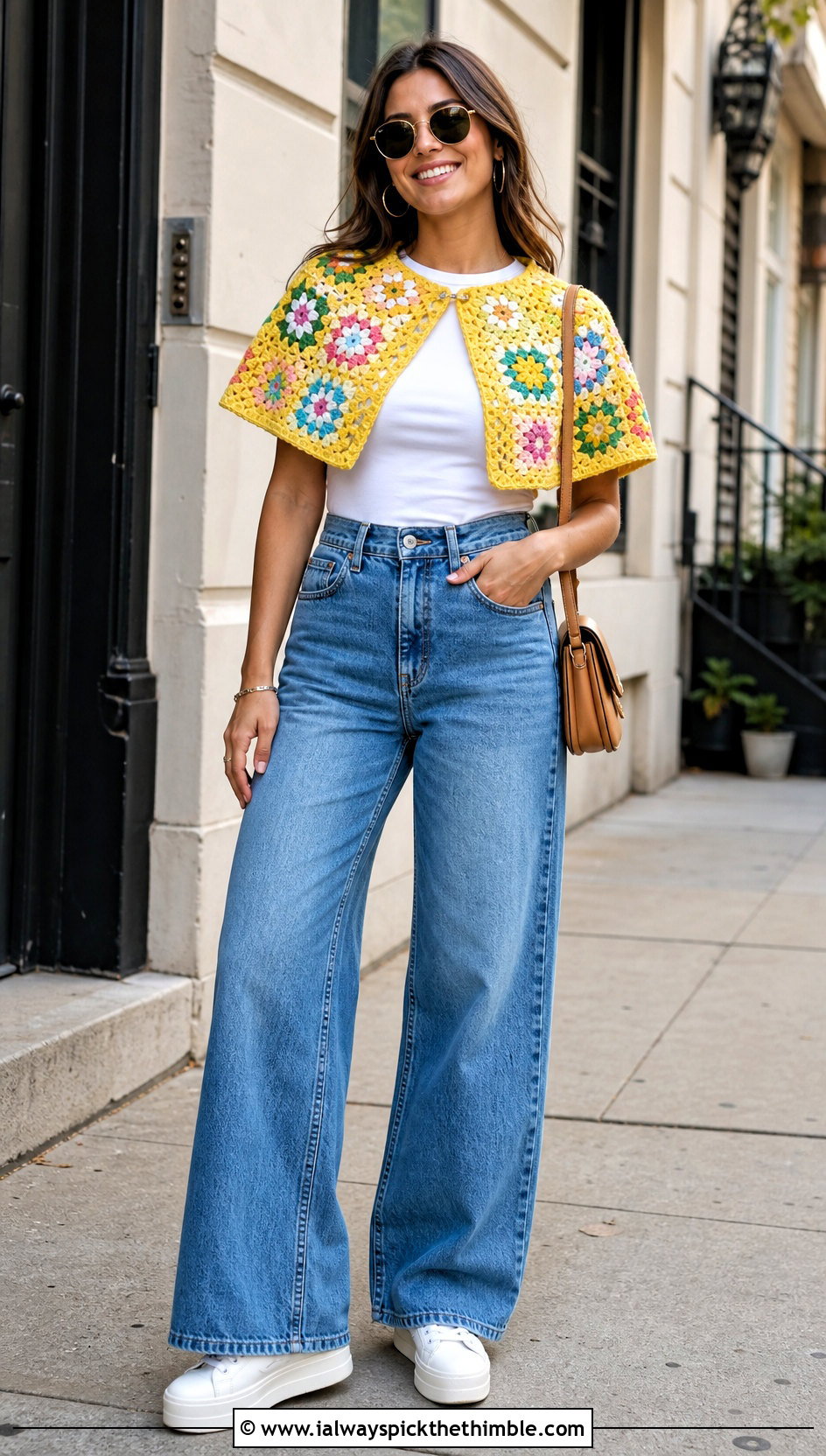 Granny Square Crocheted Capelet With Wide Leg Jeans - 20 Crocheted Capelet outfit ideas