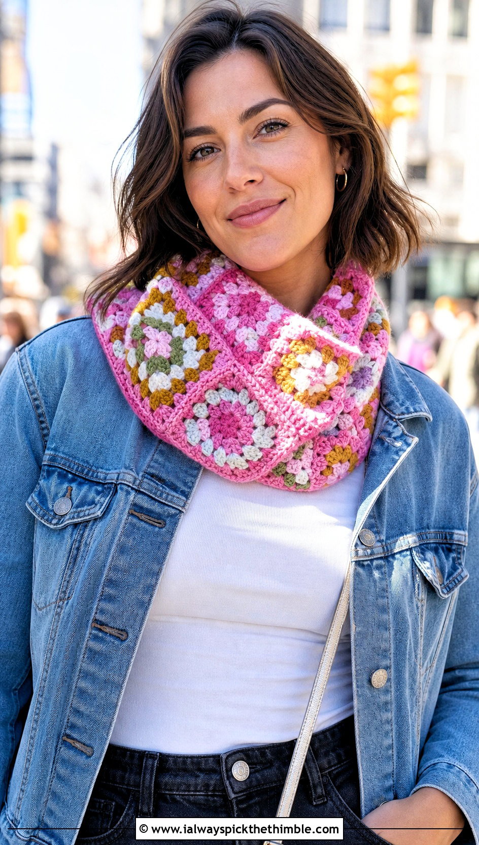 Granny Square Crocheted Cowl With Denim Jacket - 20 Crocheted Cowl outfit ideas