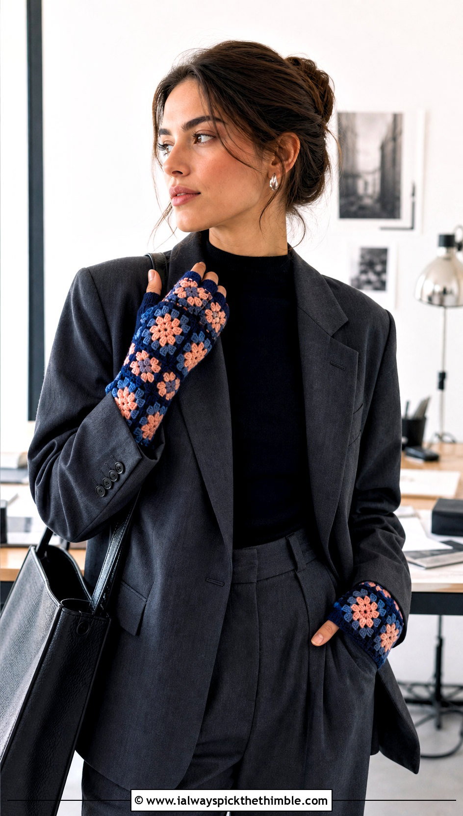 Granny Square Crocheted Fingerless Gloves With Blazer And Trousers - 20 crocheted fingerless gloves outfit ideas